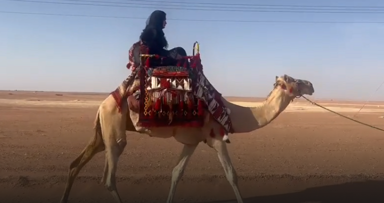 الرحالة السعودية رشا القرشي تشق الصحراء على ظهر ناقتها